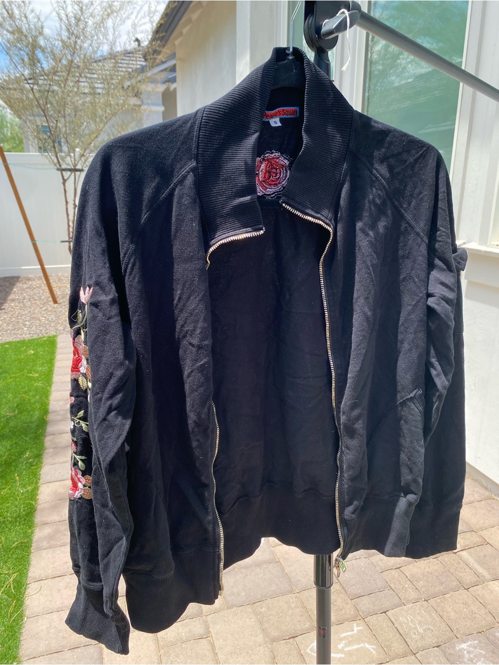 The People's Square Black Embroidered Rose Sleeve Bomber Jacket Full Zip Small S